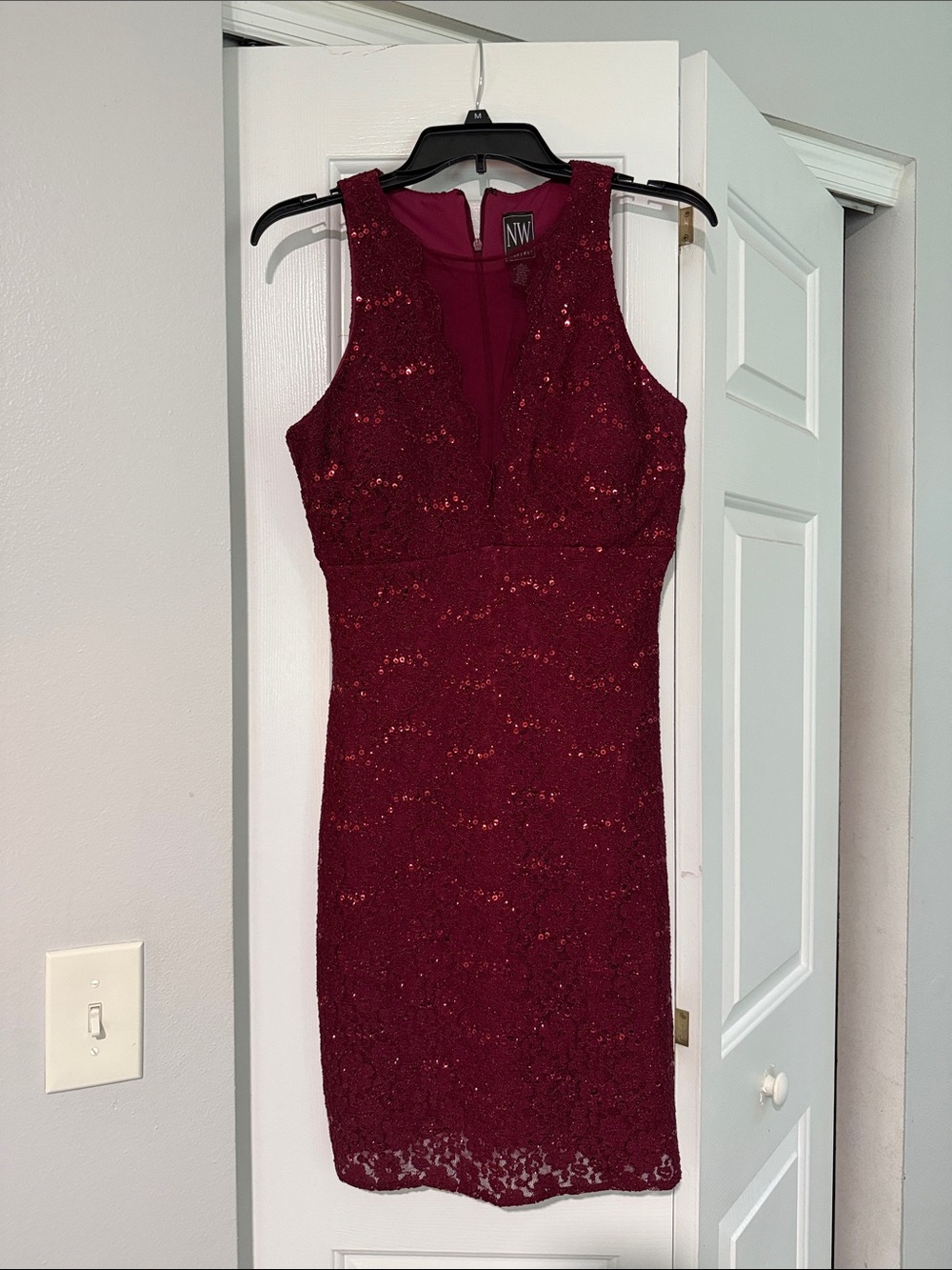 Burgundy Sequin Lace Sheath Dress - Women's